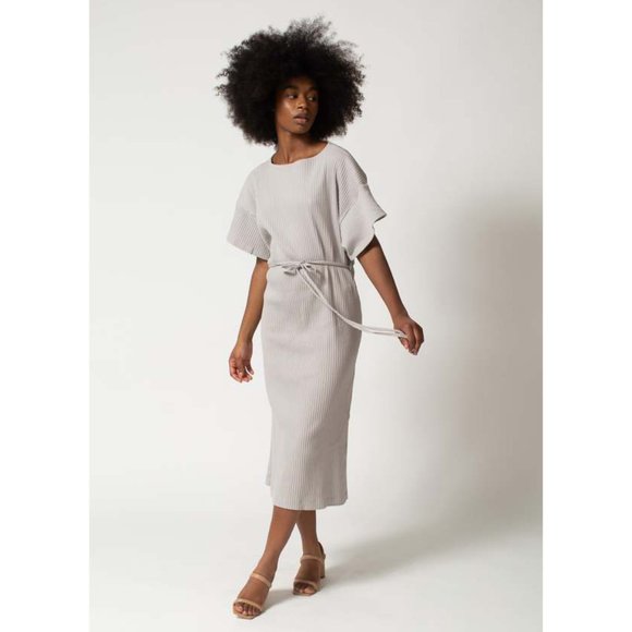 Baserange Dresses & Skirts - Baserange Clair Dress - Gray Ribbed Cotton Jersey Short Sleeve Wrap Dress
